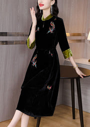 Handmade Black Stand Collar Embroidered Pockets Silk Velour Long Dresses Long Sleeve