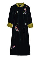 Handmade Black Stand Collar Embroidered Pockets Silk Velour Long Dresses Long Sleeve