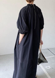 Handmade Black Stand Collar Patchwork Cotton Long Dress Half Sleeve