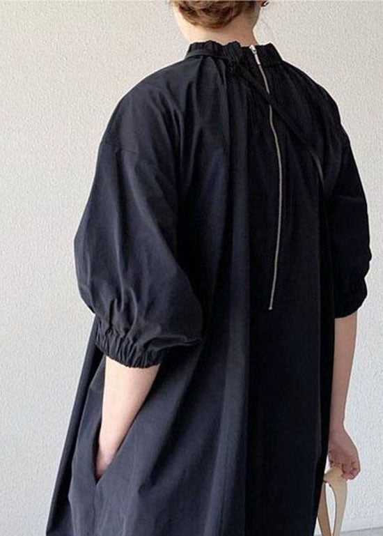 Handmade Black Stand Collar Patchwork Cotton Long Dress Half Sleeve