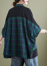 Handmade Black Stand Collar Plaid Button Top Half Sleeve