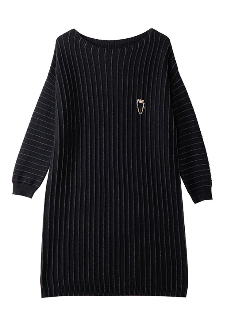 Handmade Black Striped Knit Pullover Streetwear Dress Spring