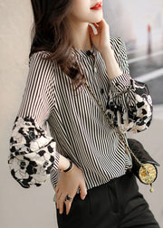 Handmade Black Striped Stand Collar Patchwork Print Chiffon Shirt Long Sleeve