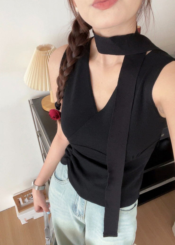 Handmade Black V Neck Wrinkled Scarf Knit Vest Summer