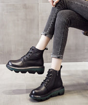 Handmade Black Warm Fleece Lace Up Platform Boots