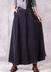 Handmade Black Wrinkled Pockets Corduroy Long Skirt Spring