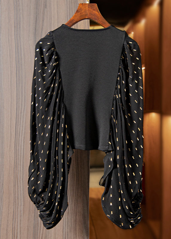 Handmade Black Zircon Wrinkled Patchwork Cotton Cardigan Long Sleeve