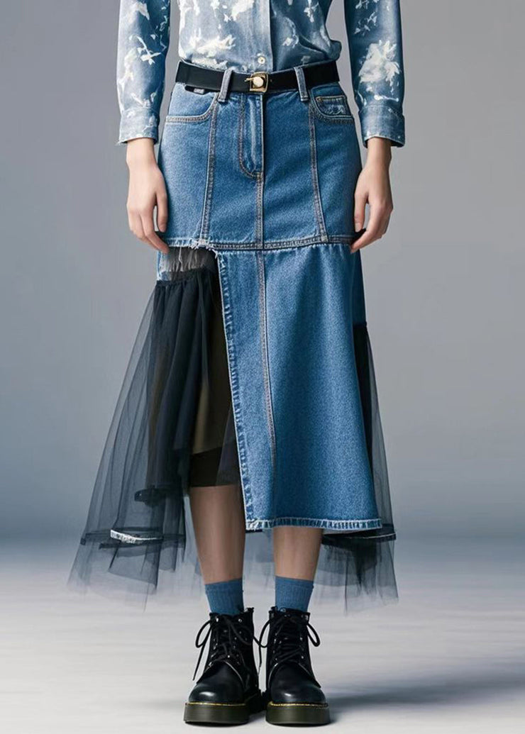 Handmade Blue Asymmetrical Patchwork Tulle Denim Wraped Skirt Spring