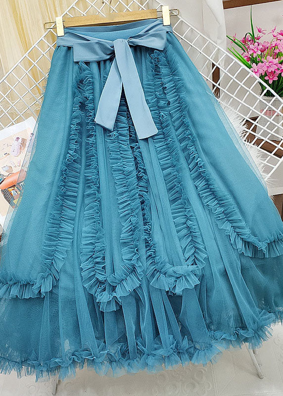 Handmade Blue Bow Ruffled Patchwork Tulle Skirts Summer