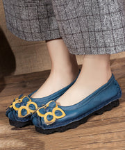 Handmade Blue Cowhide Leather Flower Flat Feet Shoe