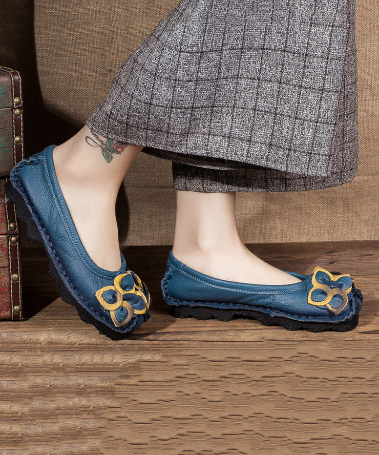 Handmade Blue Cowhide Leather Flower Flat Feet Shoe