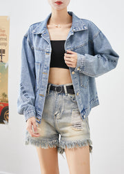 Handmade Blue Letter Embroideried Denim Coat Outwear Fall