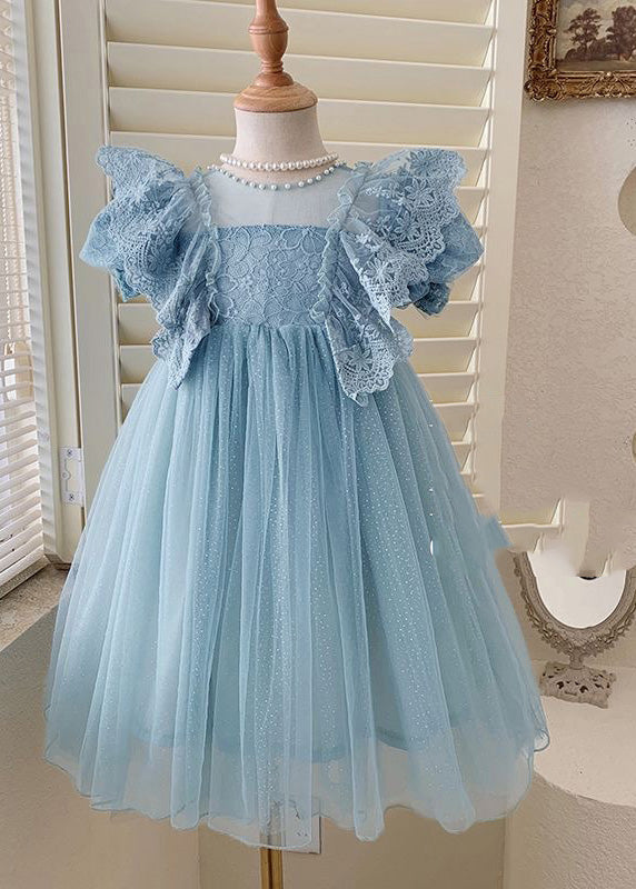 Handmade Blue O-Neck Patchwork Nail Bead Tulle Girls Maxi Dress Summer