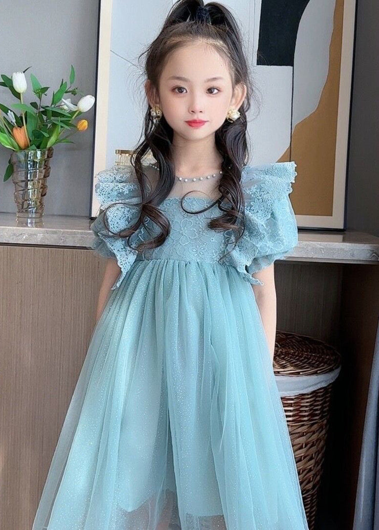 Handmade Blue O-Neck Patchwork Nail Bead Tulle Girls Maxi Dress Summer