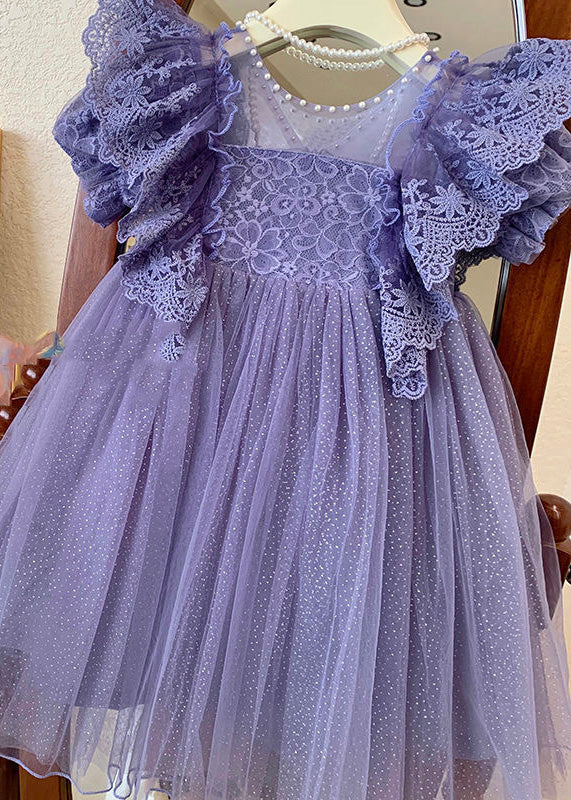 Handmade Blue O-Neck Patchwork Nail Bead Tulle Girls Maxi Dress Summer