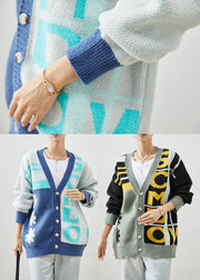 Handmade Blue Oversized Print Knit Coats Winter