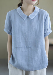 Handmade Blue Patchwork Solid Ramie T Shirt Summer