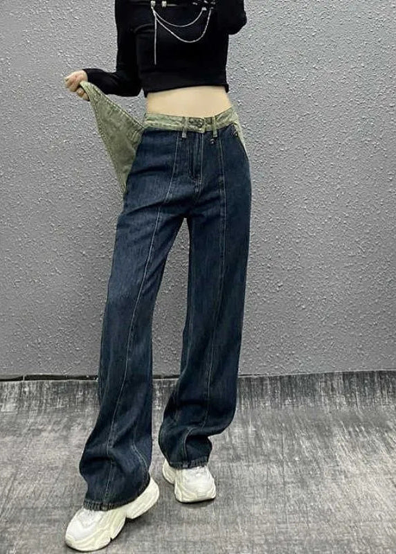 Handmade Blue Pockets Patchwork Denim Wide Leg Pants Spring