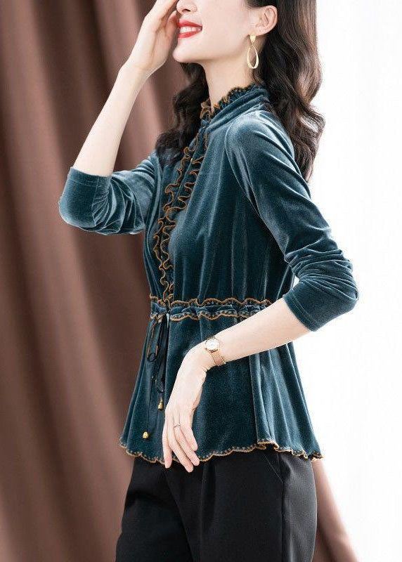 Handmade Blue Ruffled Tie Waist Silk Velour Blouses Long Sleeve