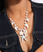 Handmade Blue Stainless Steel Pearl Shells Starfish Pendant Necklace