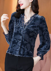 Handmade Blue V Neck Lace Patchwork Velour Shirts Spring