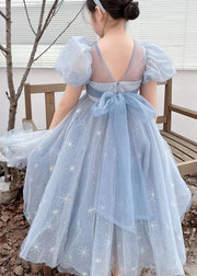 Handmade Blue Wrinkled Bow Embroideried Tulle Baby Girls Dresses Summer