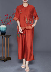 Handmade Brick Red Embroideried Patchwork Linen Silk Two Pieces Set Summer