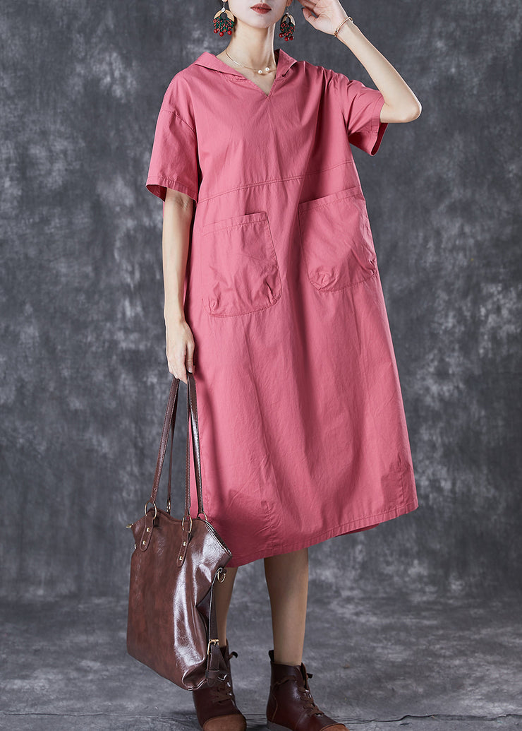 Handmade Brick Red Hooded Pockets Cotton Sweatshirts Dress Summer