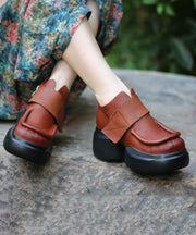 Handmade Brown Cowhide Leather Loafers For Women Splicing Loafers Boots