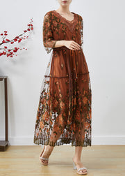 Handmade Brown Embroidered Tulle Cinched Dress Summer