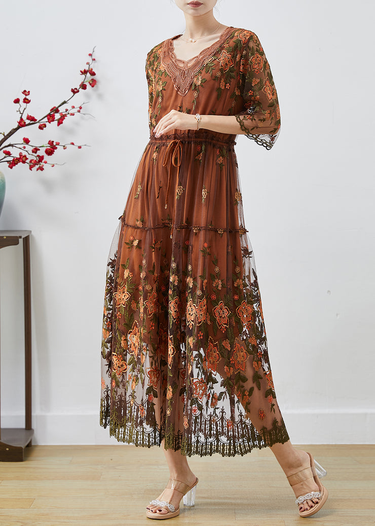 Handmade Brown Embroidered Tulle Cinched Dress Summer