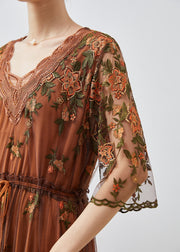 Handmade Brown Embroidered Tulle Cinched Dress Summer