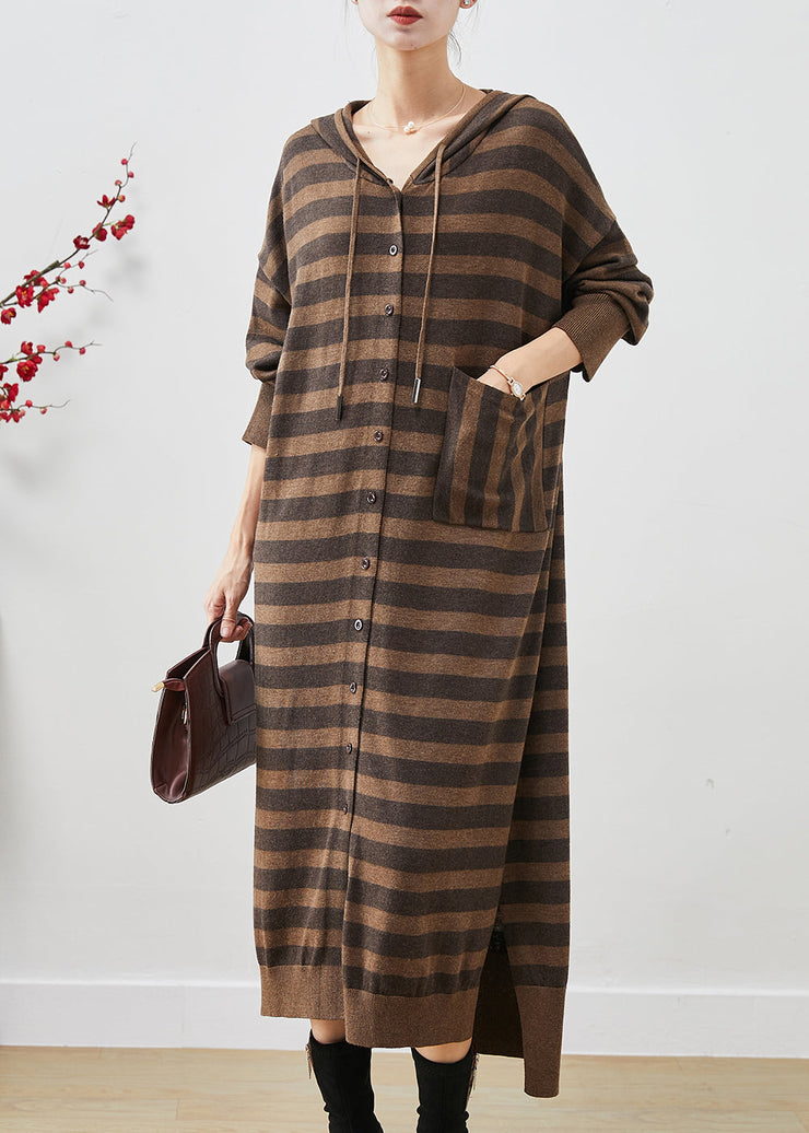 Handmade Brown Oversized Striped Cotton Vacation Dresses Spring