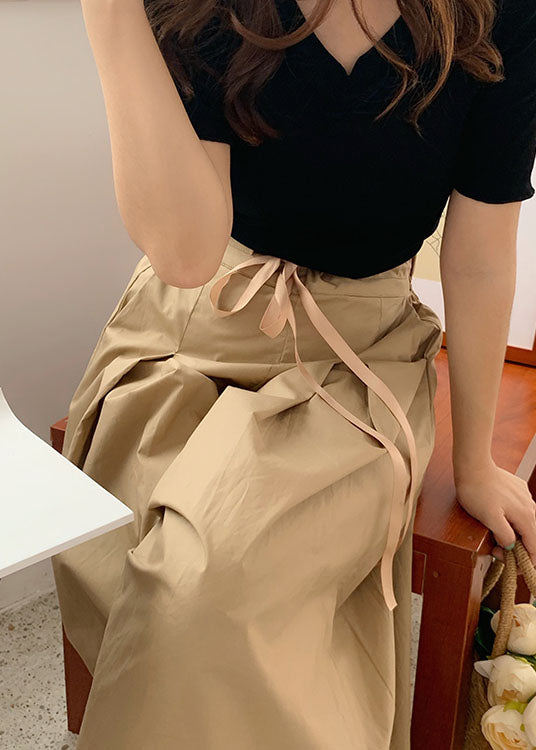 Handmade Camel Drawstring Elastic Waist Cotton Pleated Pants Skirt Summer