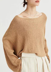 Handmade Camel Slash Neck Hollow Out Knit Top Long Sleeve