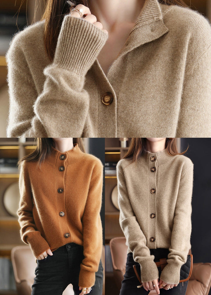 Handmade Camel Stand Collar Woolen Cardigan Long Sleeve