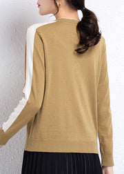 Handmade Camel V Neck Colorblock Wool Knit Cardigans Long Sleeve