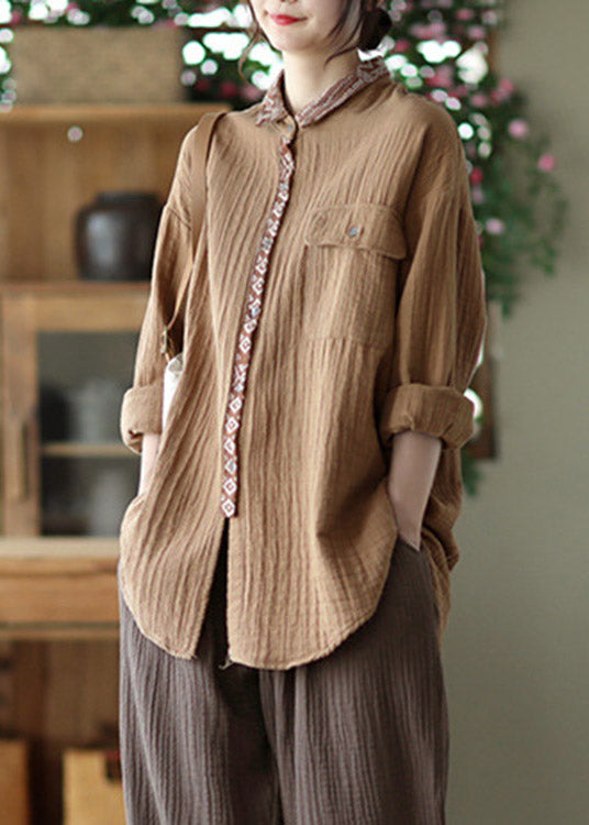 Handmade Chocolate Peter Pan Collar Print Patchwork Shirt Long Sleeve