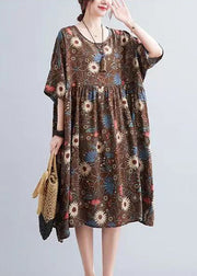 Handmade Coffee Print Wrinkled Maxi Dress Summer