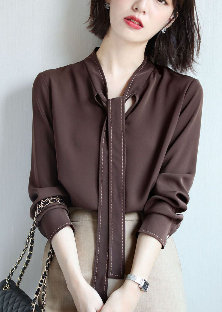 Handmade Chocolate Stand Collar Embroideried Ribbon Chiffon Shirts Long Sleeve