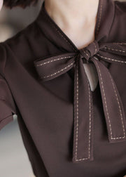 Handmade Chocolate Stand Collar Embroideried Ribbon Chiffon Shirts Long Sleeve