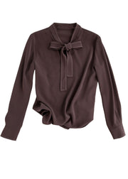 Handmade Chocolate Stand Collar Embroideried Ribbon Chiffon Shirts Long Sleeve