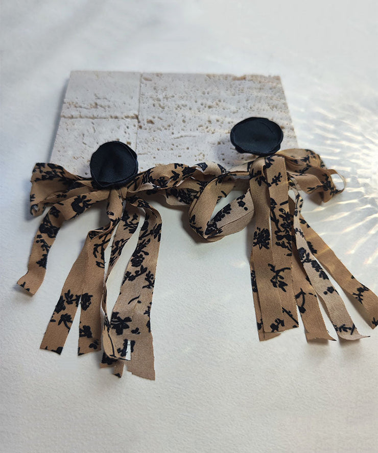 Handmade Coffee Sterling Silver Cloth Print Ribbon Drop Earrings