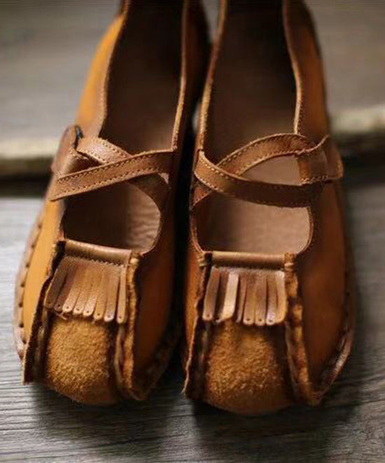 Handmade Comfy Flats Shoes Khaki Cowhide Leather