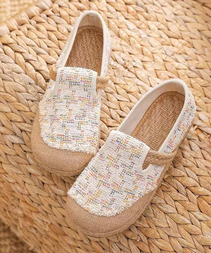 Handmade Comfy Rainbow Plaid Embroidered Linen Flats Shoes