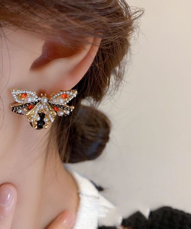 Handmade Copper Zircon Pearl Butterfly Stud Earrings