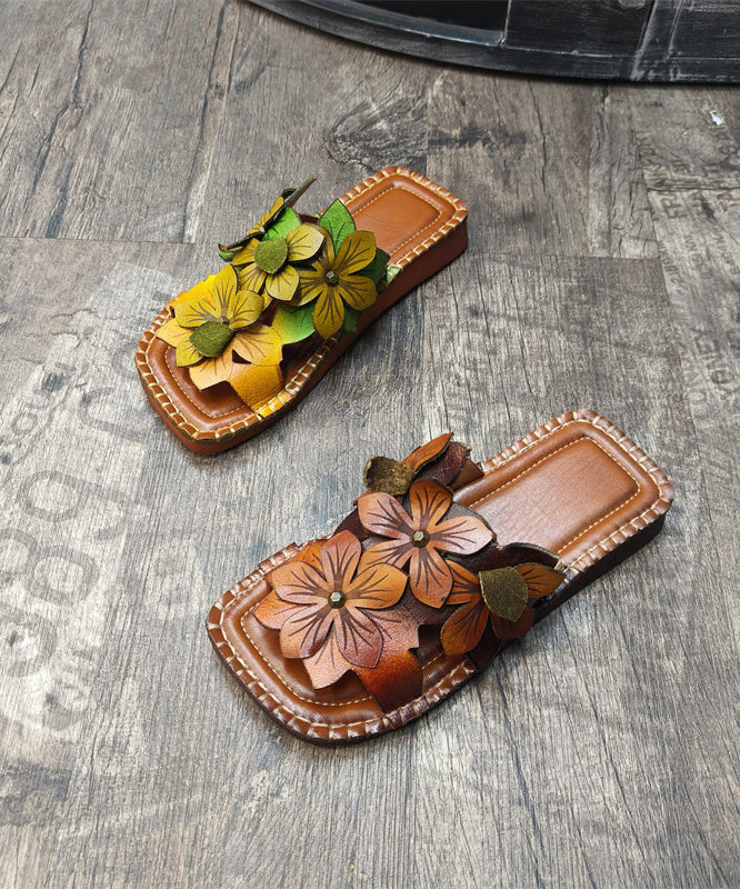 Handmade Cowhide Leather Yellow Green Floral Slide Sandals