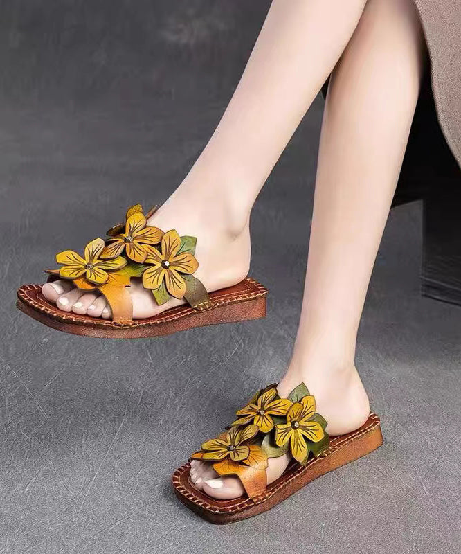 Handmade Cowhide Leather Yellow Green Floral Slide Sandals