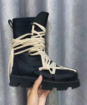 Handmade Cross Strap Platform Boots Black Cowhide Leather