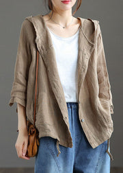 Handmade Dark Khaki Pockets Patchwork Linen Thin Hoodie Coat Summer